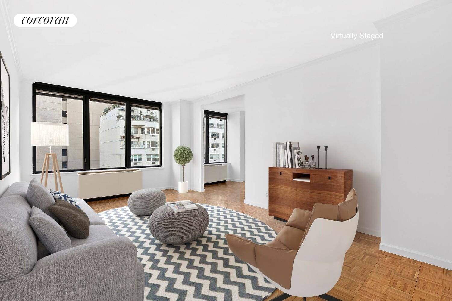 Spacious alcove studio with three closets.
