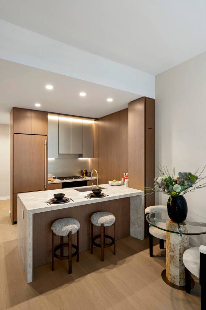 Residence 505 is a thoughtfully composed 666 square foot one bedroom, one bath residence with a 77 square foot private terrace and southern exposures.