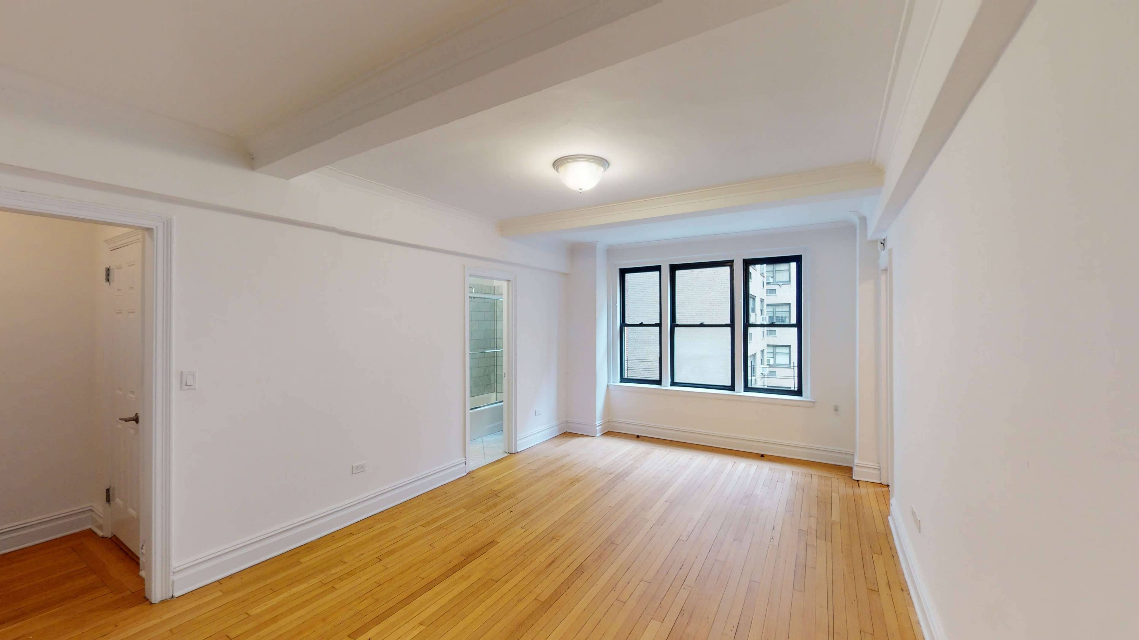 Bright one bedroom home with high ceilings, four closets, a renovated kitchen with granite countertops and stainless steel appliances, a renovated windowed bathroom and a spacious living room.
