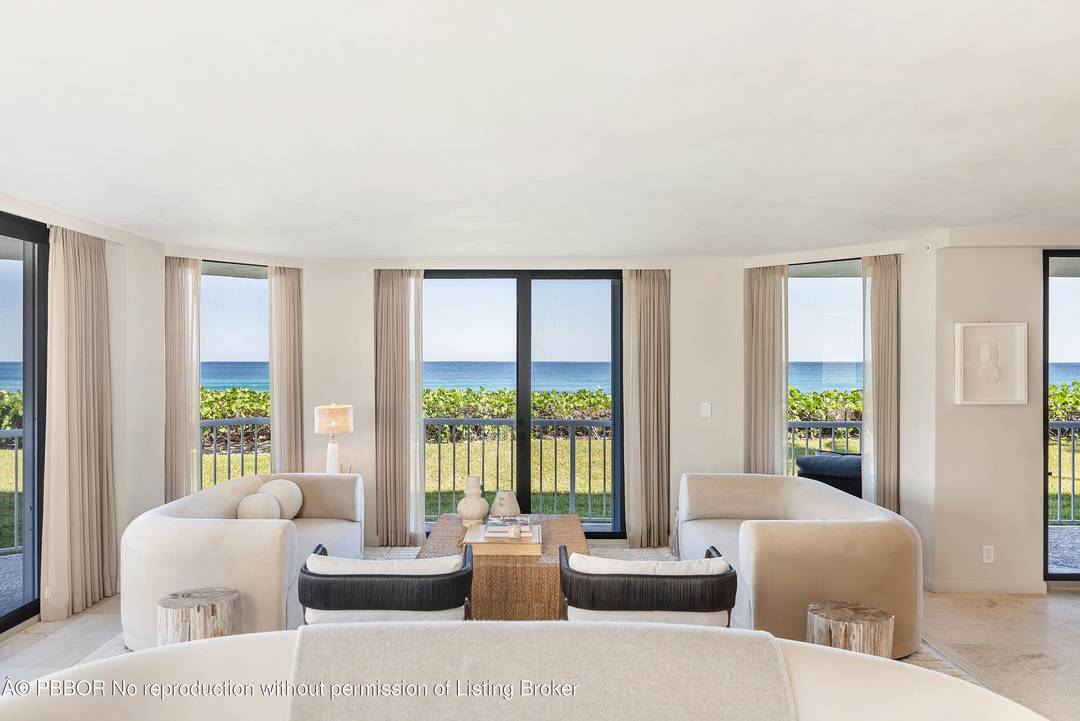 Located directly on the ocean in the prestigious Enclave building on South Ocean Boulevard in Palm Beach, this beautifully designed residence was created by renowned interior designer Noa Santos.