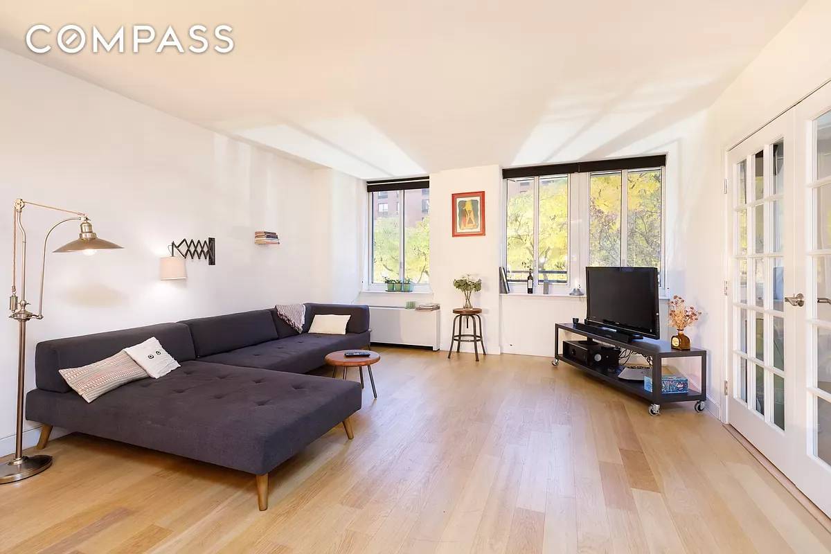 The perfect FULLY FURNISHED one bedroom with southern exposure and direct, tree lined views of the tranquil Rector Park and the Hudson River.