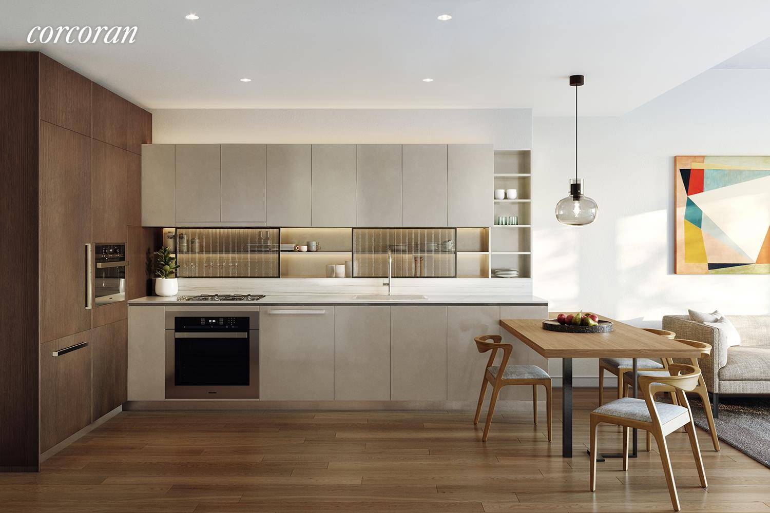 Residence 7Q is a spacious 768 SF 1 bedroom, 1 bathroom home that features a large walk in closet and delivers sweeping western views over the landscaped garden.