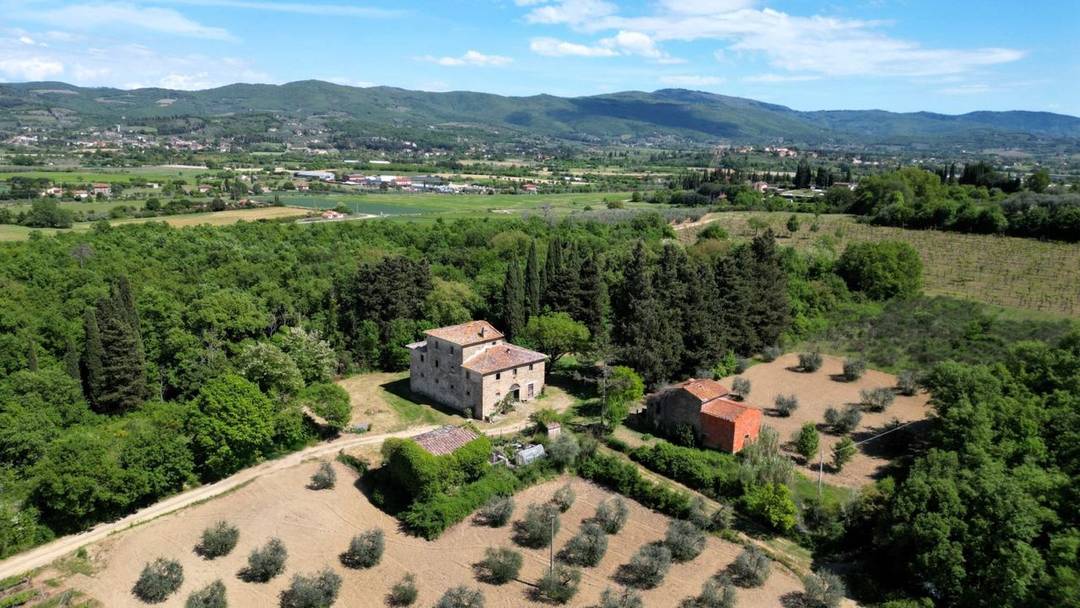 For sale near Arezzo farm with vineyard, olive grove, wood and old Leopoldino-style farmhouse with annexes. Beautiful views of the Tuscan countryside