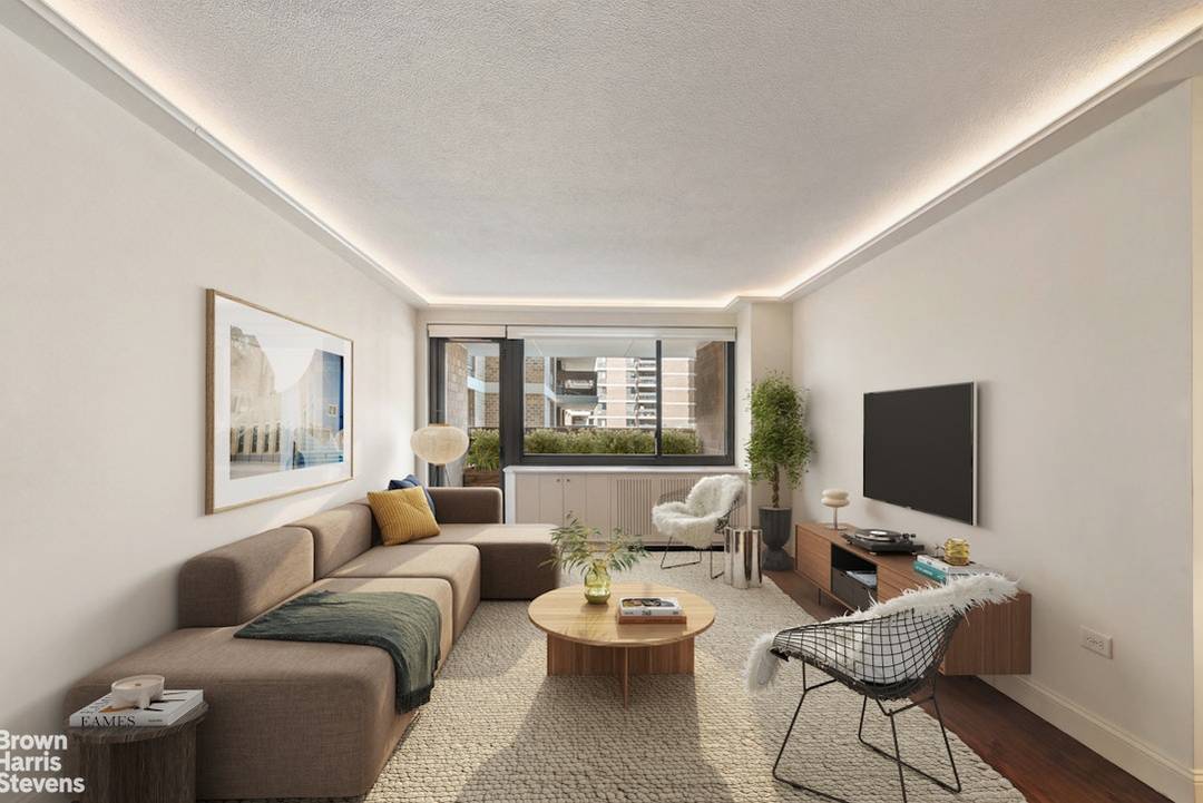 A move in ready one bedroom at Southbridge Towers in immaculate condition, featuring a brand new bathroom, custom cove lighting, and a custom built deck on the private terrace.
