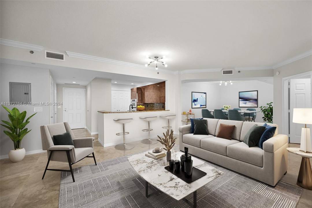 Luxury high rise w spacious rooms, high ceilings, natural stone flooring and floor to ceiling windows.