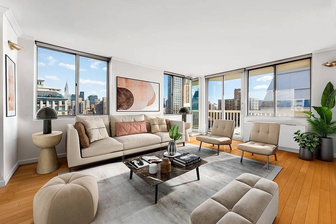 Enjoy sunsets on your balcony and open city views on this high floor one bed flex 2, 2 bath at the highly coveted 50 Lex !