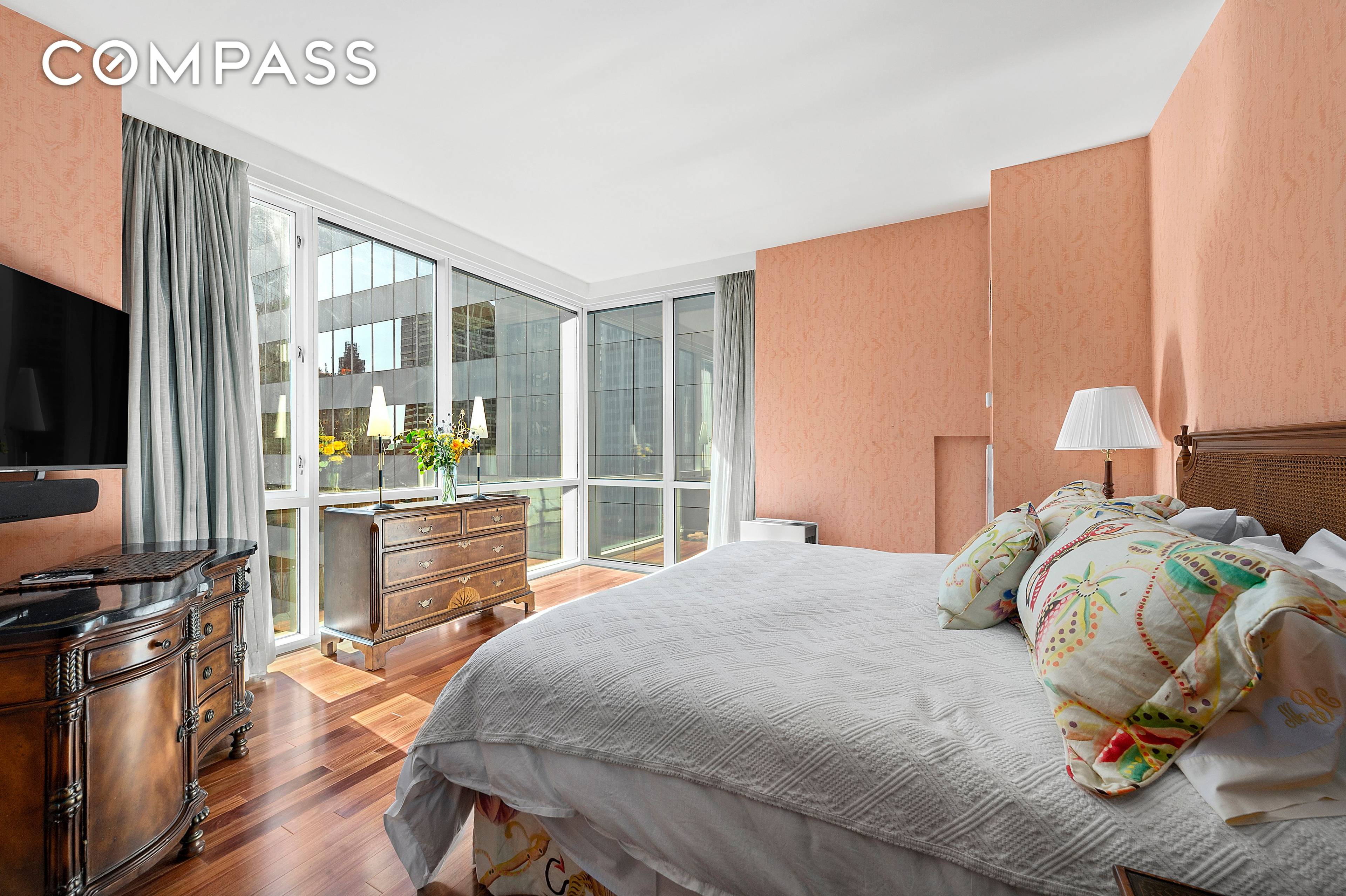This corner unit on the 40th floor has sweeping views of the city and enjoys floor to ceiling windows with three exposures, including southerly light.