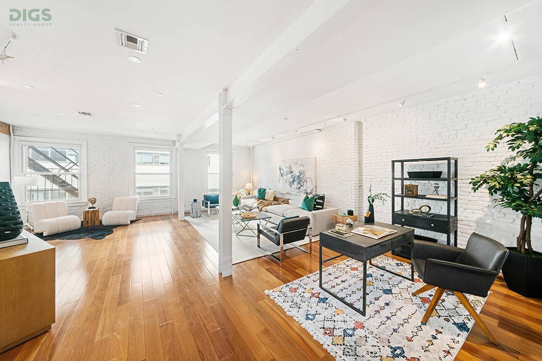 Grand, sun drenched, and rich in character, this classic floor through loft with central air conditioning sits in the heart of SoHo at Spring Street and 6th Avenue.
