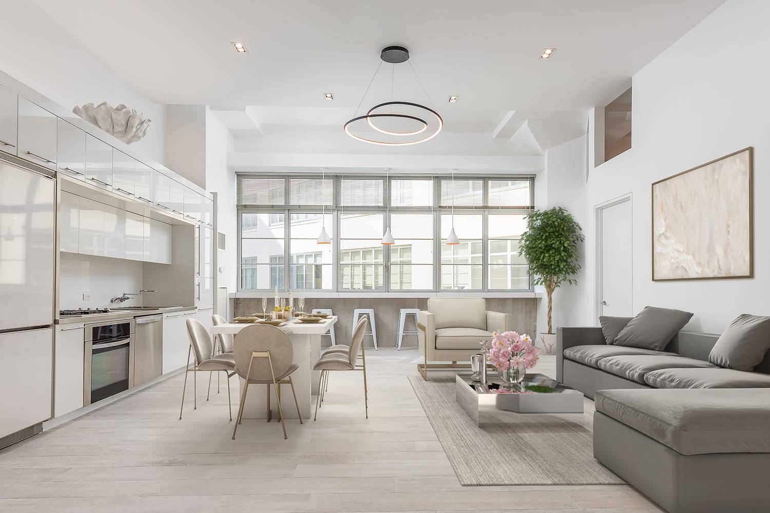Let the alluring window line over soaring 14' ceilings draw you in as you enter this exquisitely designed 1, 003 sq ft, 1BR 1BA home.