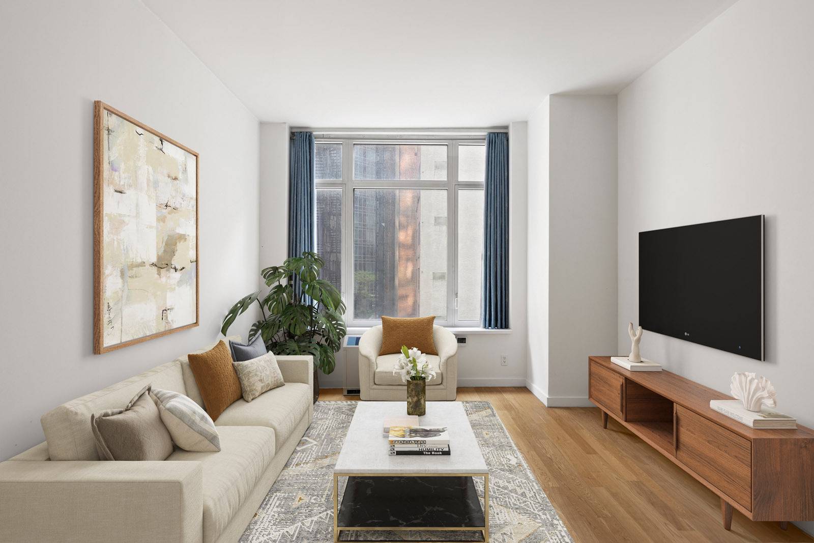 One bedroom, one bath with oversized windows, hardwood floors, large space closed, quiet apartment.