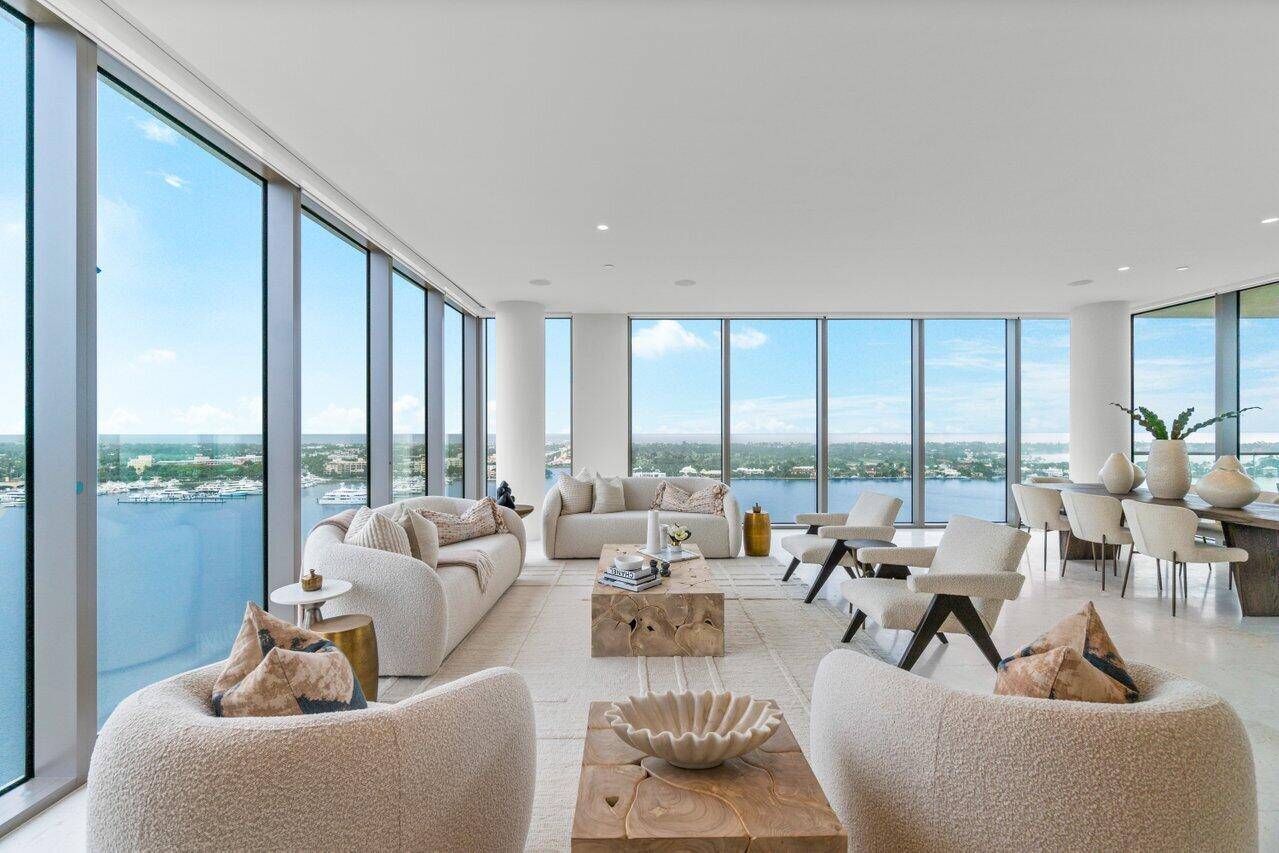 Available April 1, Beautifully and fully furnished by Arhaus, this high floor 3BR boasts breathtaking panoramic views of the City, the Intracoastal, Palm Beach Island and the Ocean.