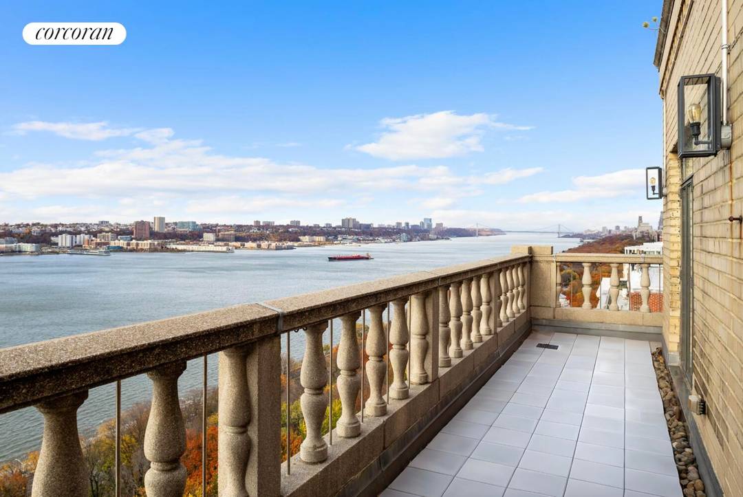 Terrace Lover's Dream with Panoramic Hudson River Views Perched high above Riverside Park, this bright and airy Upper West Side residence offers sweeping Hudson River views from every room.