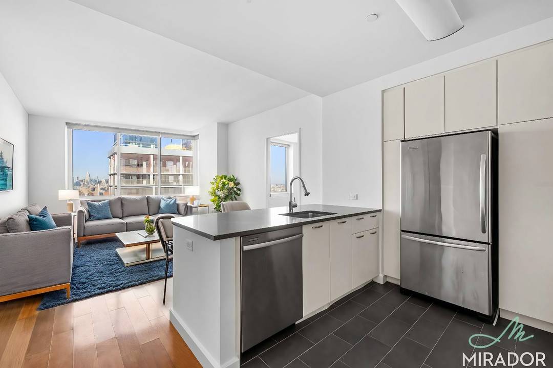 This high floor one bedroom with expansive views of downtown Brooklyn features hardwood floors, open kitchen with stainless steel appliances, and in unit laundry.