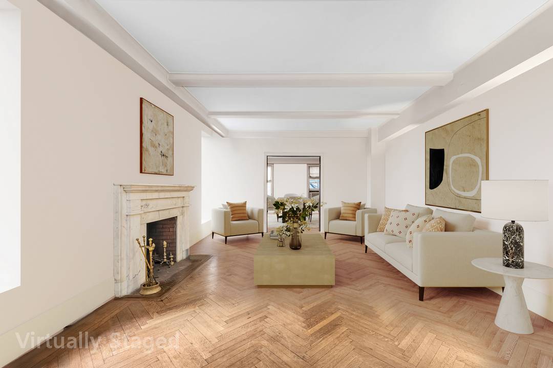 Seven Room Prewar Diamond In The Rough ESTATE SALE The entrance gallery leads to a 21 foot living room with wood burning fireplace, herringbone hardwood floors, high beamed ceilings and ...