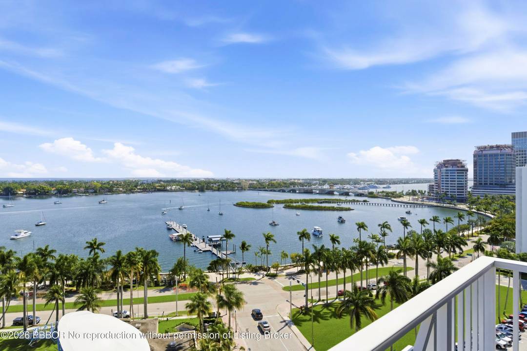 DIRECT east facing views of Intracoastal and ocean are enjoyed from this 3 bedroom plus den, high floor unit located in the most desirable location in downtown West Palm Beach.
