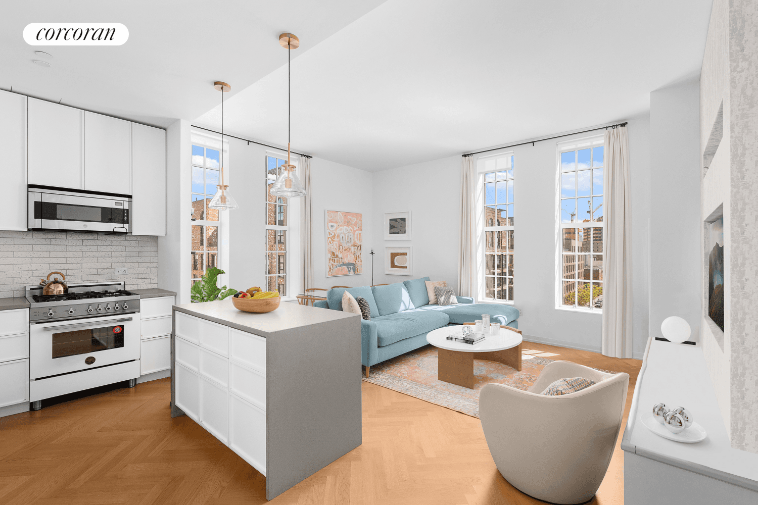 This fantastic two bedroom 2 ba condo at Austin Nichols House is a sun filled corner unit with city views.