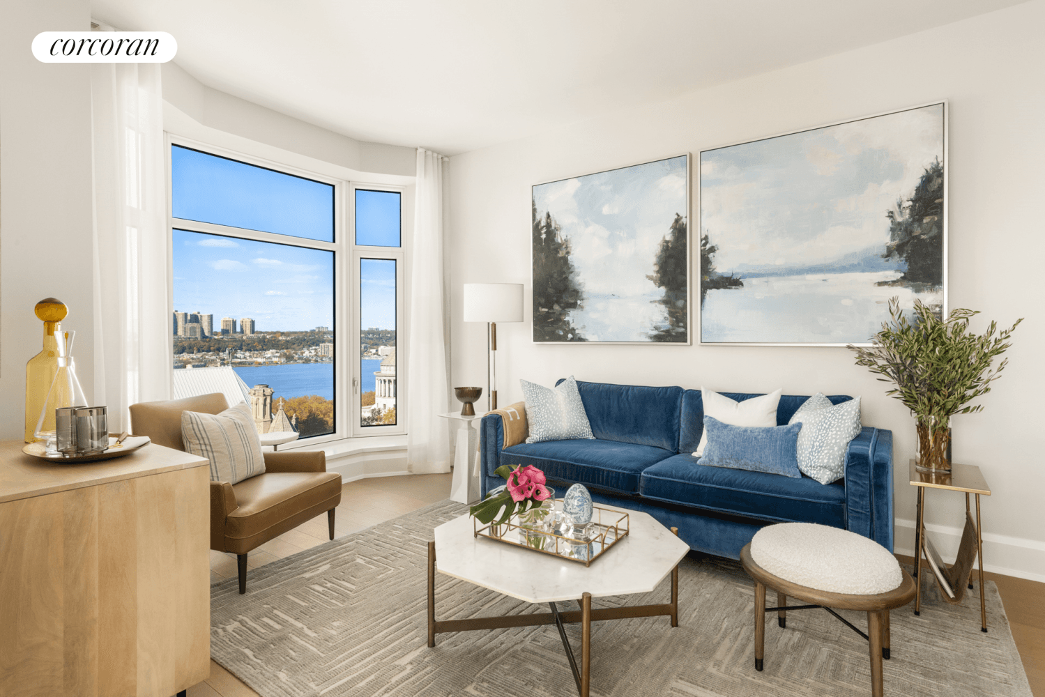IMMEDIATE OCCUPANCYOccupying Claremont Hall's coveted southwest corner, this beautiful 1, 272 square foot two bedroom, two bathroom home showcases unmatched views of the iconic spire of Riverside Church, the Hudson ...