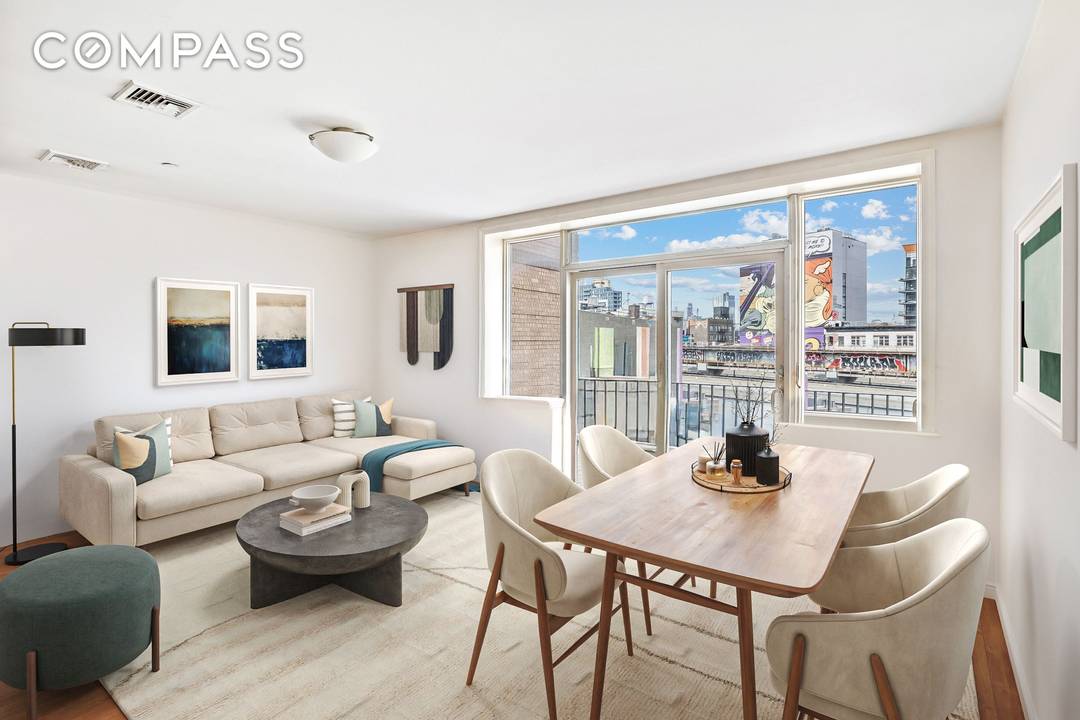 Introducing a light filled two bedroom, one bath condo in the heart of Williamsburg, offering views of the skyline, as well as the iconic Williamsburg Savings Bank.