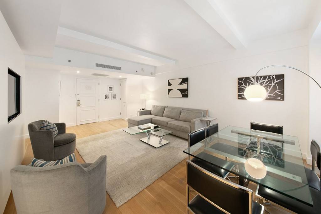 Located at lovely, historic Essex House hotel on Central Park South, this renovated one bedroom one and one half bath faces the quiet interior courtyard of the hotel.