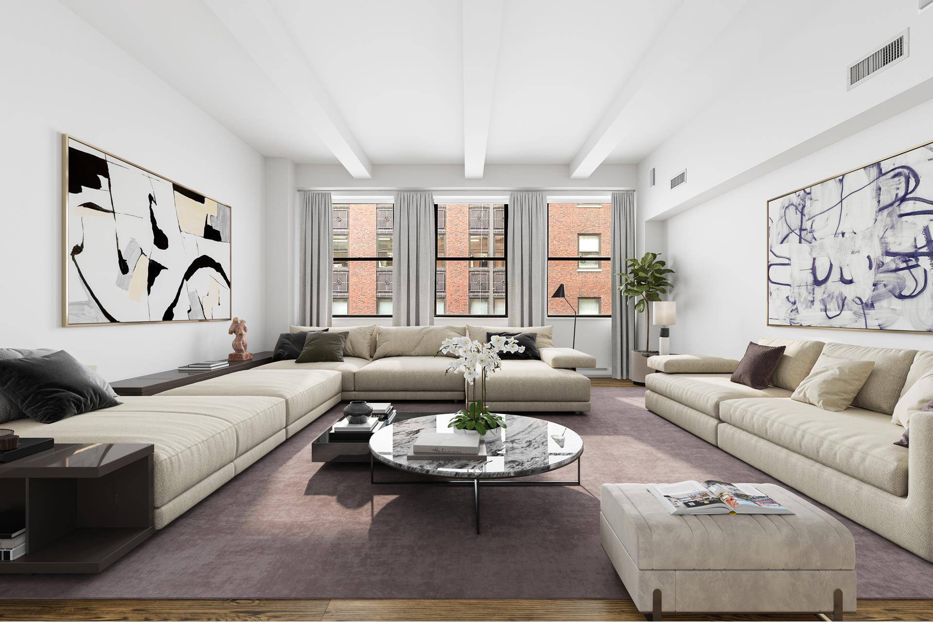 This stunning two bedroom PLUS home office bonus room, two bathroom, south facing, mint condition prewar loft with soaring 12'6 beamed ceilings, enormous main living room, keyed elevator, central air ...