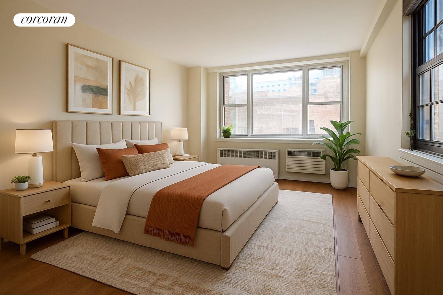 This oversized, sun filled one bedroom apartment on the 8th floor features three exposures with uninterrupted views of Downtown Manhattan and East River.