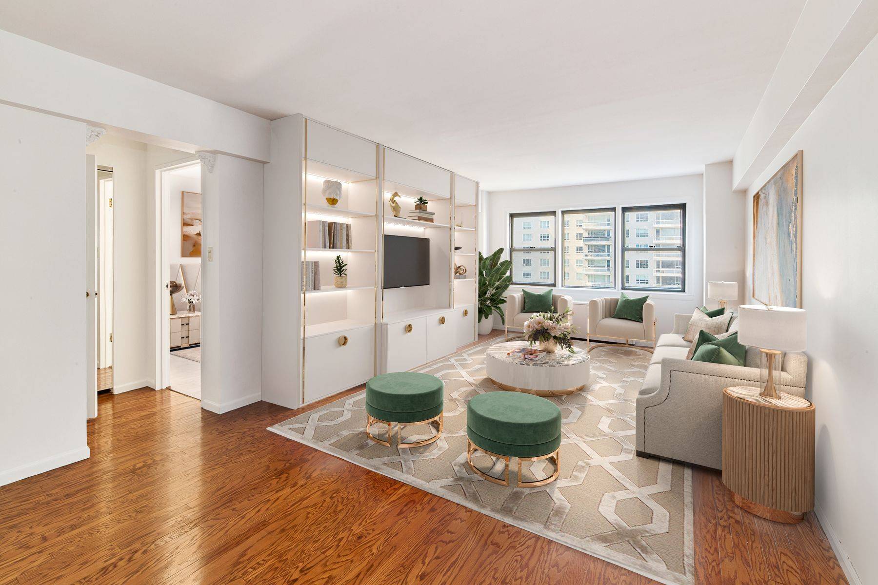 With bright south and east exposures, this spacious high floor Jr.