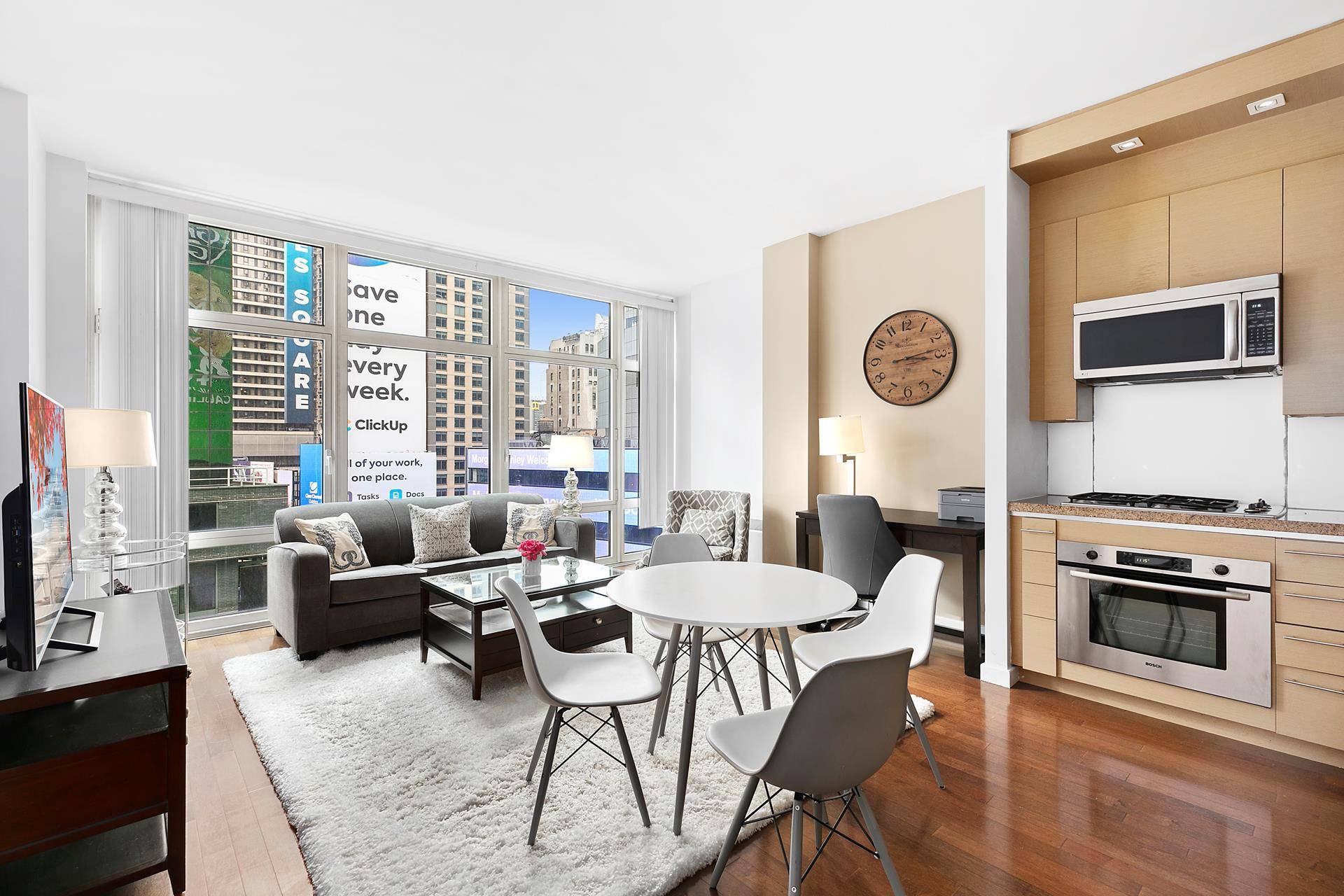 Welcome home to your bright and beautiful fully furnished corner 1 bedroom with your own terrace, at 1600 Broadway, Apartment 11D, New York, NY10019 a luxury full service condominium in ...