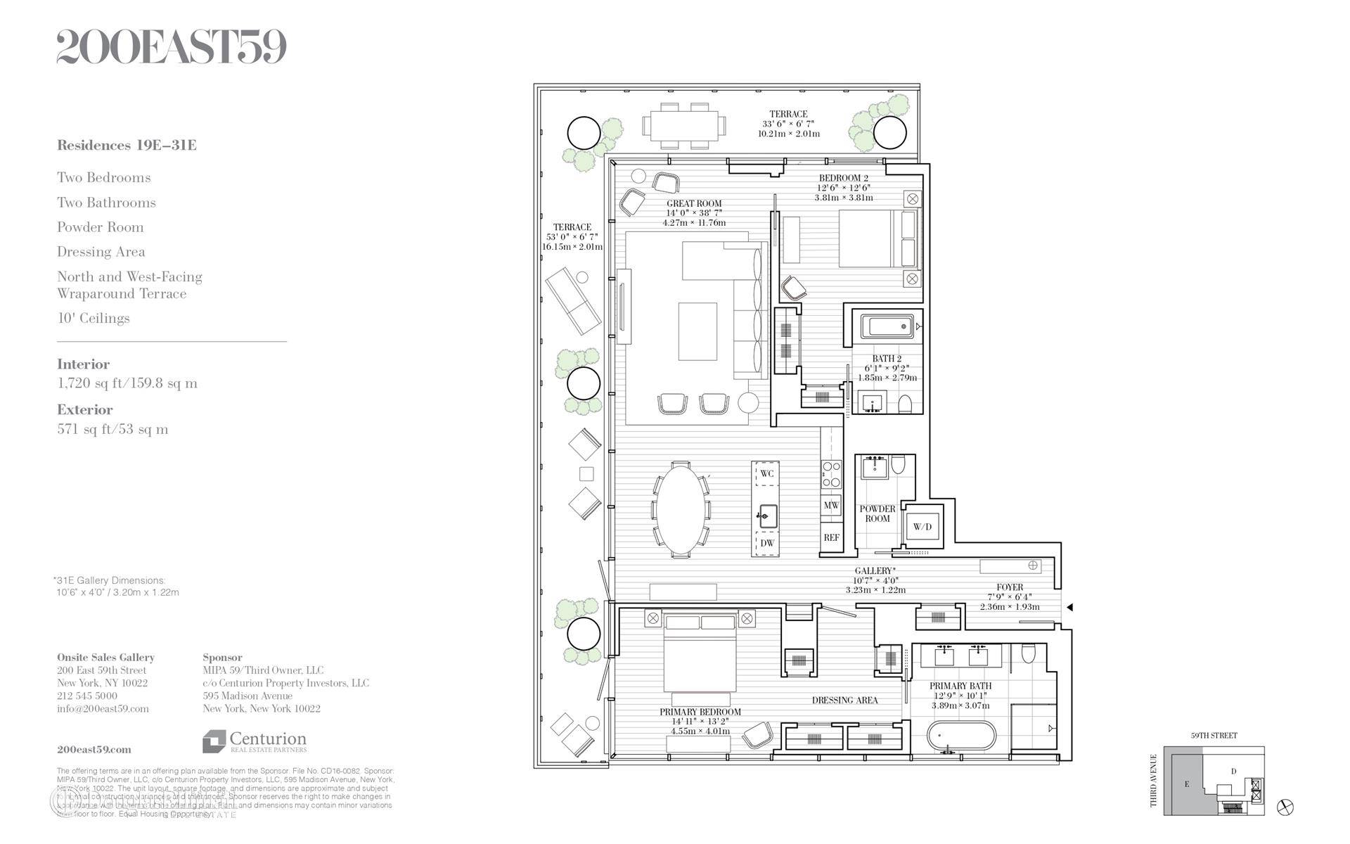 This remarkable 1, 720 square foot two bedroom, two and a half bath corner half floor residence features over 94 linear feet of wrap around terrace with exposures to the ...