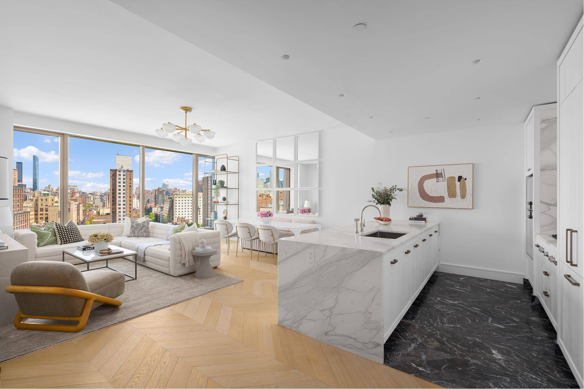 Residence East 15E is a luminous 1, 512 square foot two bedroom, two and a half bathroom home offering sweeping eastern skyline views through walls of floor to ceiling glass.