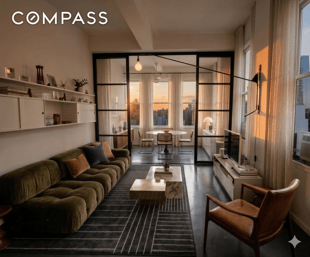 Residence 17A at Kheel Tower is a spacious flex two bedroom loft with beautiful sunset views and open skyline outlooks from oversized west and north facing windows.