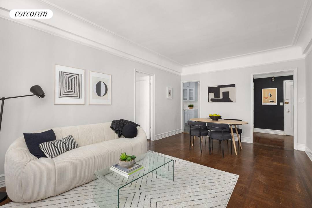 LARGE ONE BEDROOM in PRE WAR FULL SERVICE BUILDING with NO BOARD INTERVIEW Welcome to this graciously proportioned prewar one bedroom offering a blend of traditional details and modern updates.