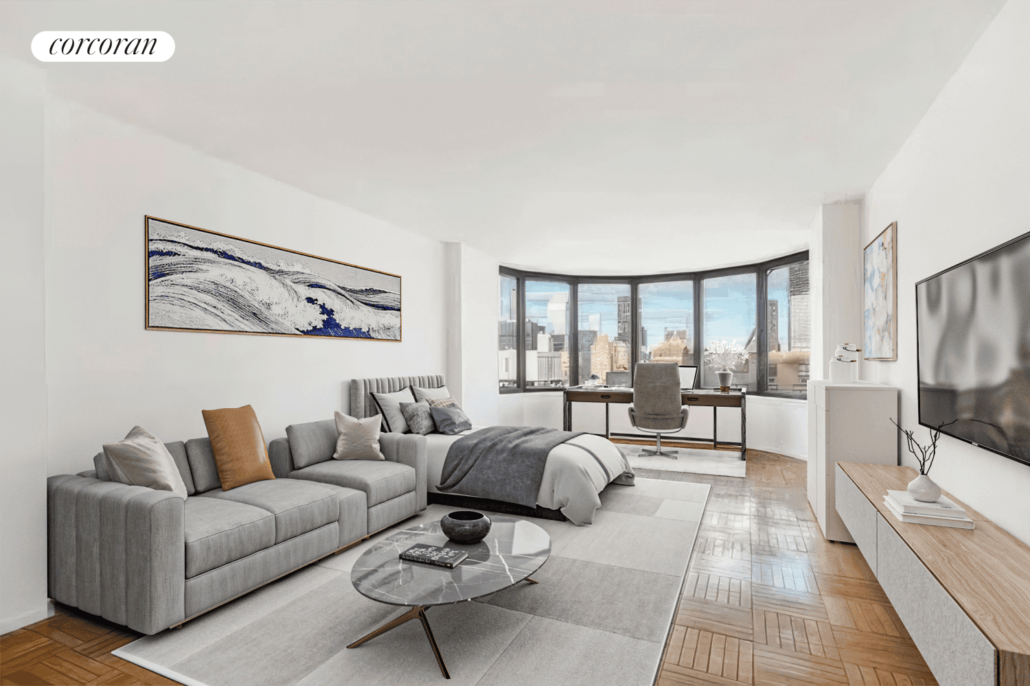 Welcome to Apartment 5H at Corinthian Condominium, Spacious and bright studio with wall to wall bay windows with amazing city and river views, Apartment features entry foyer that leads to ...