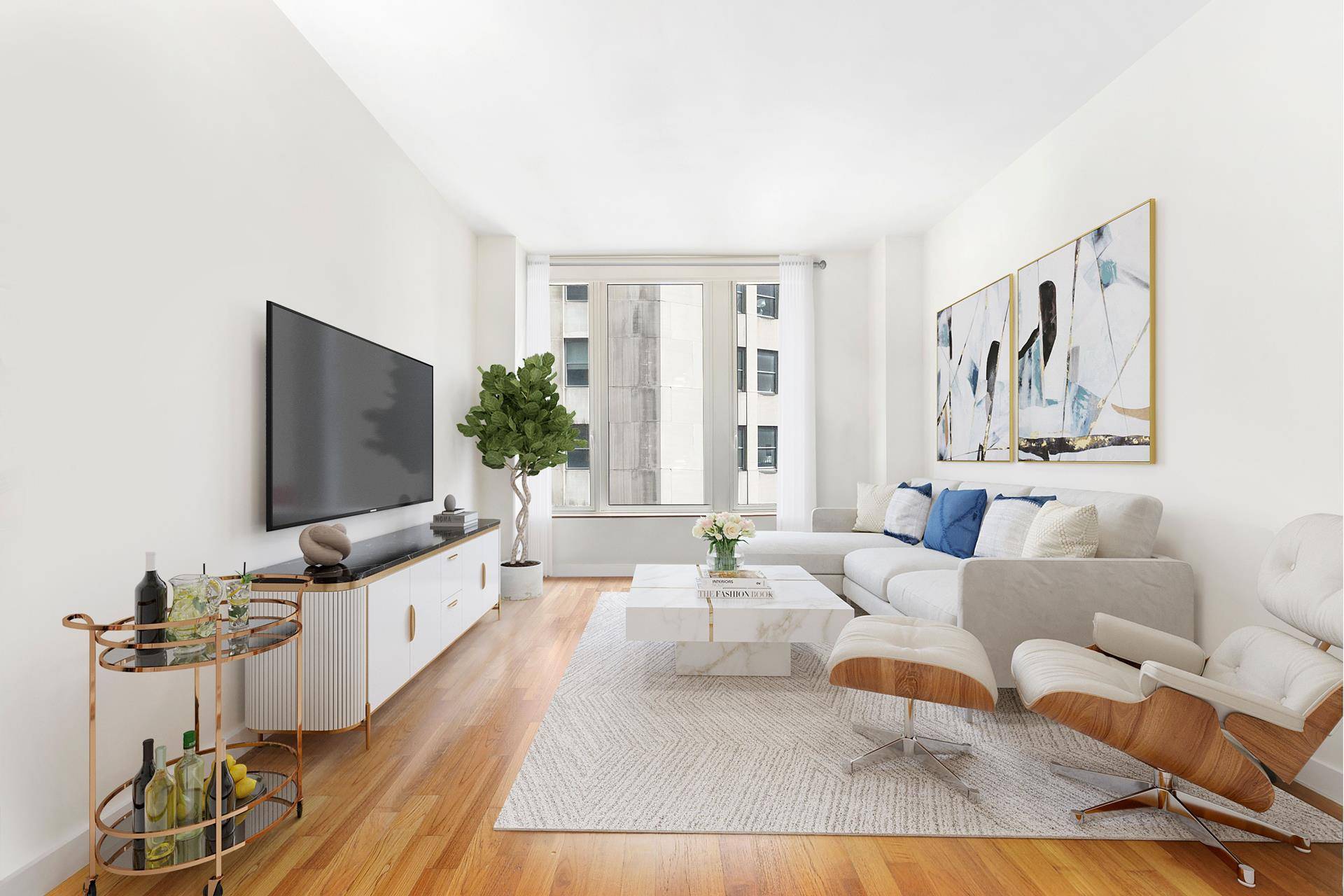 Modern, sleek, and spacious one bedroom with high ceilings, tremendous windows, office nook, and in unit washer dryer in a luxury building with every possible amenity.