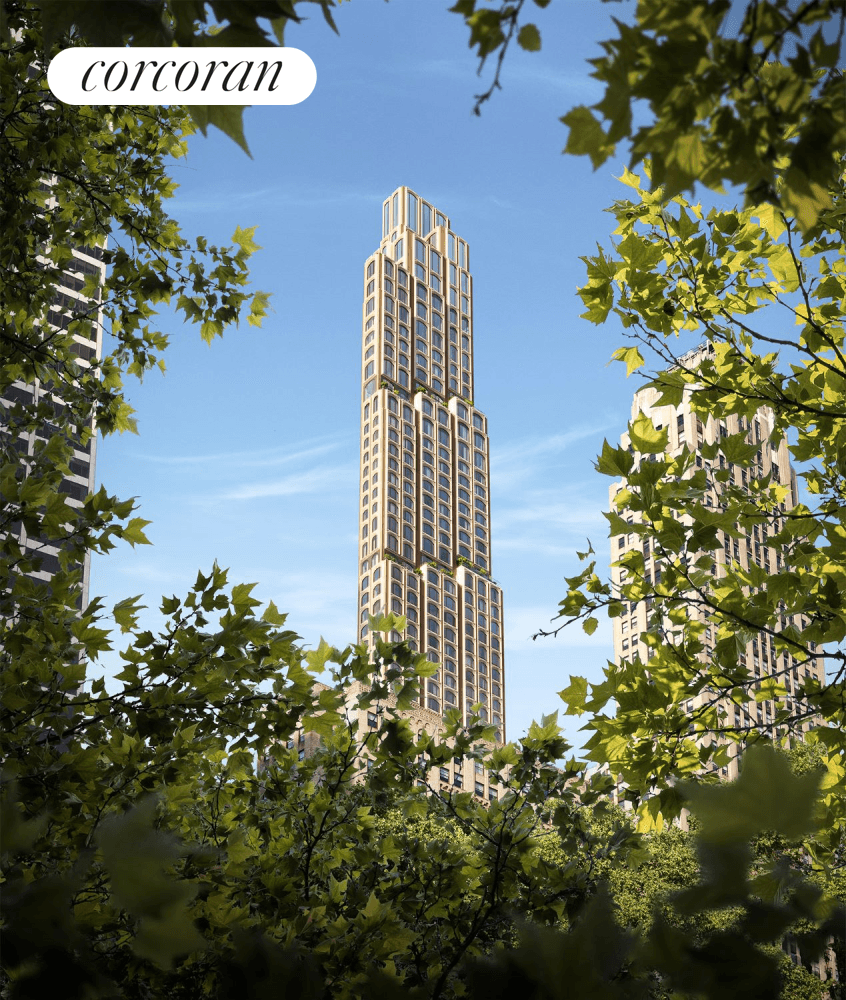This spectacular half floor two bedroom residence boasts a stunning 123' terrace and sweeping views of Manhattan through 10 arched 10' by 10' windows.