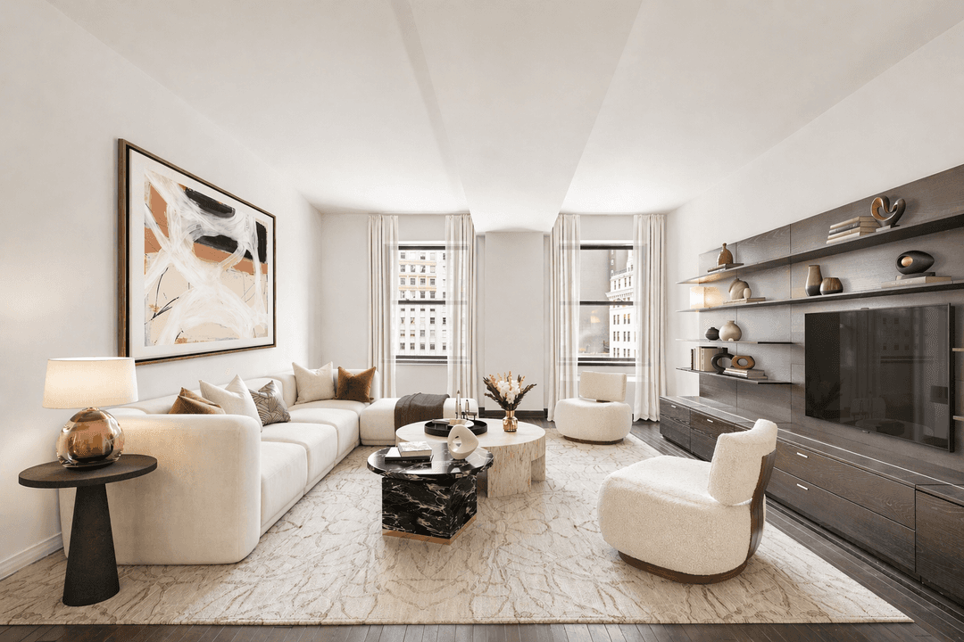 High floor, south facing loft with open, protected views of the New York Stock Exchange from two oversized windows real light and exposure that s hard to find in FiDi.