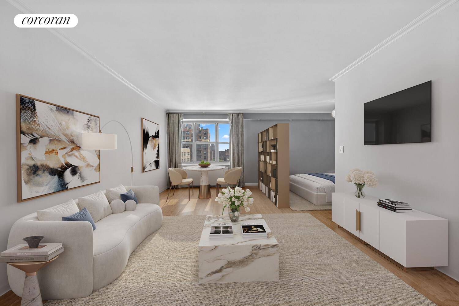 As spacious as a one bedroom, this oversized alcove studio easily accommodates a full suite of furniture including a king size bed !