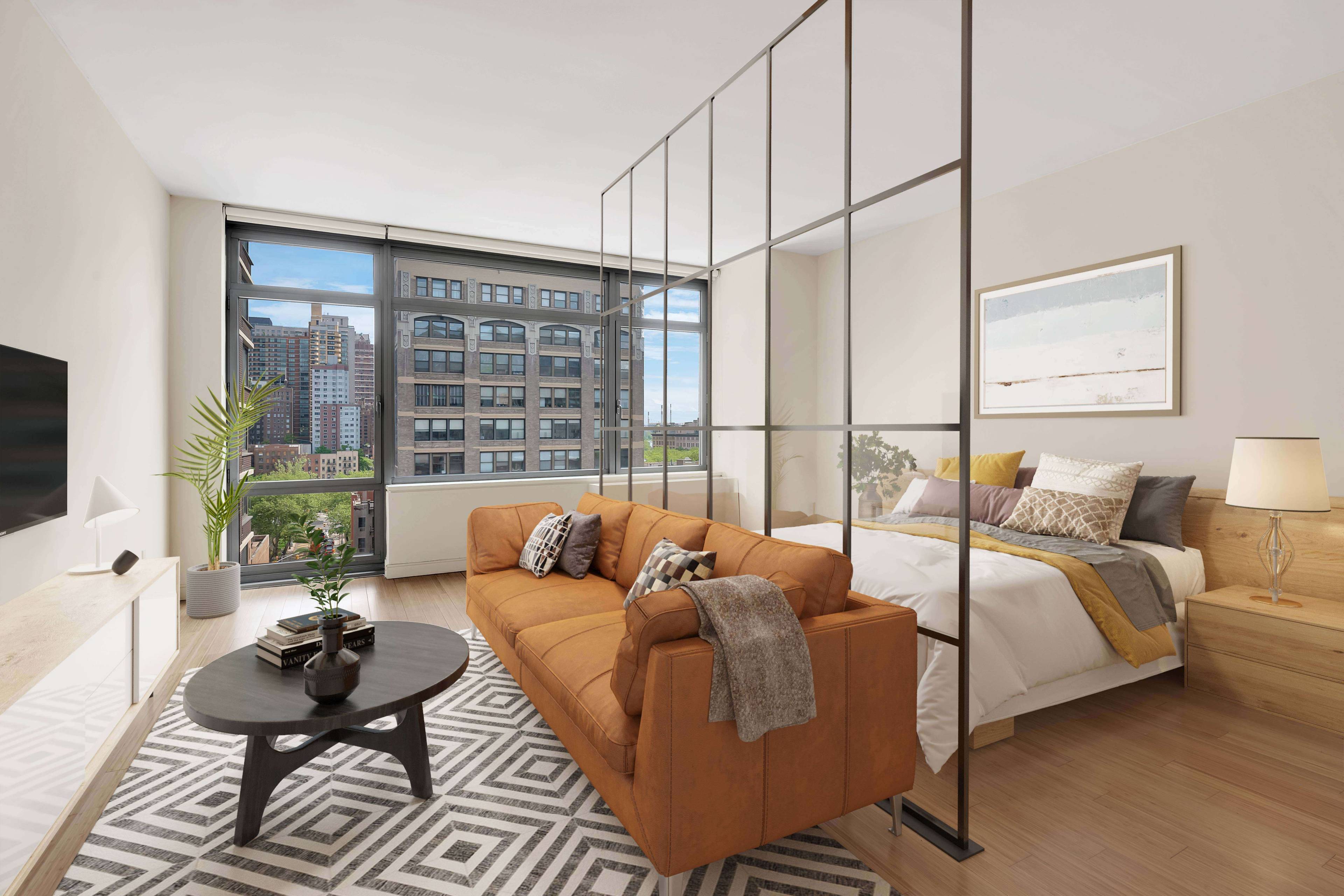 Apartment 10B at 303 E 33rd Street is a rare alcove studio with crisp modern interiors warmed by bamboo floors throughout.