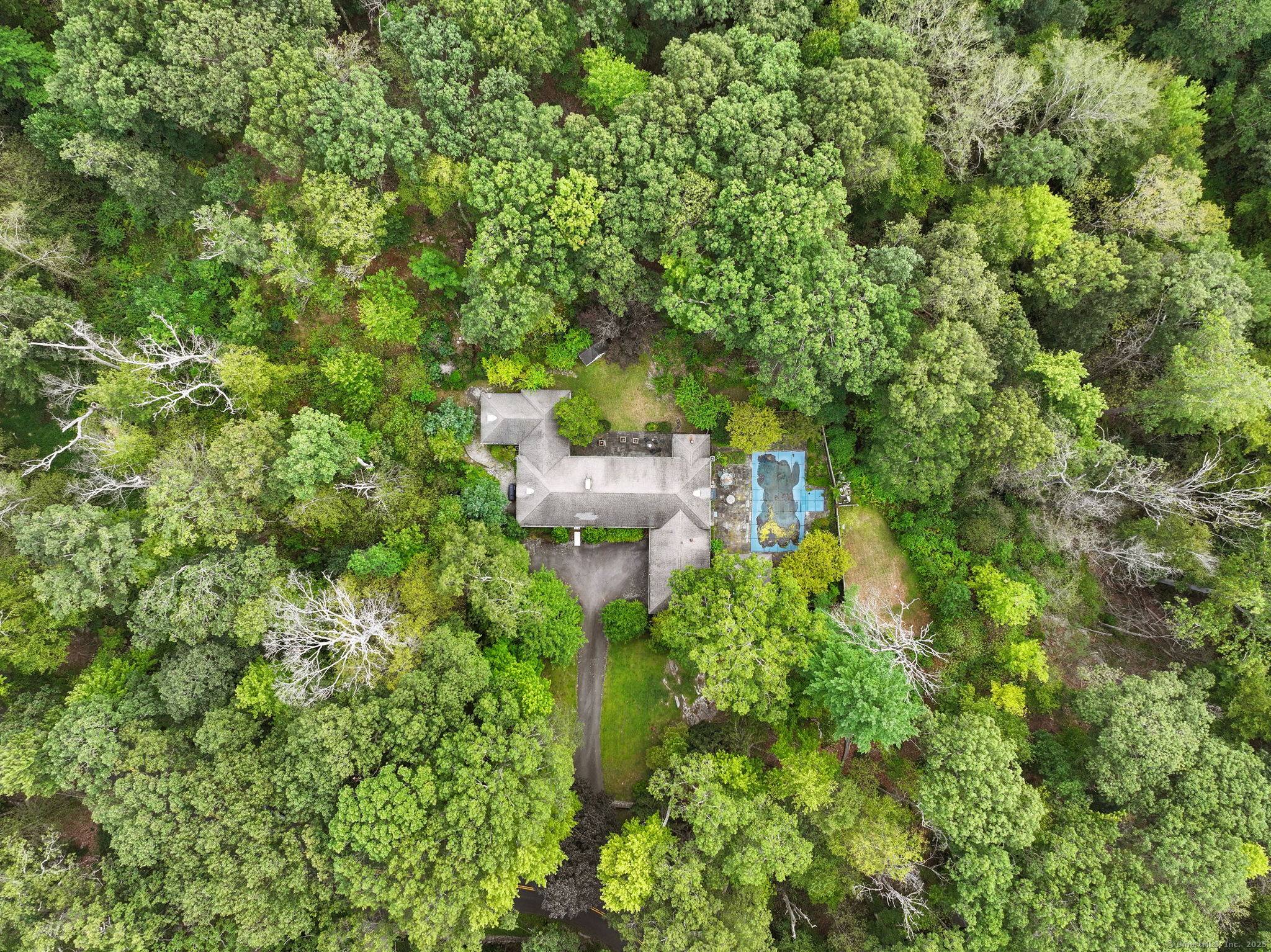 Mid century modern ranch with in ground pool, pool house and two additional out buildings.