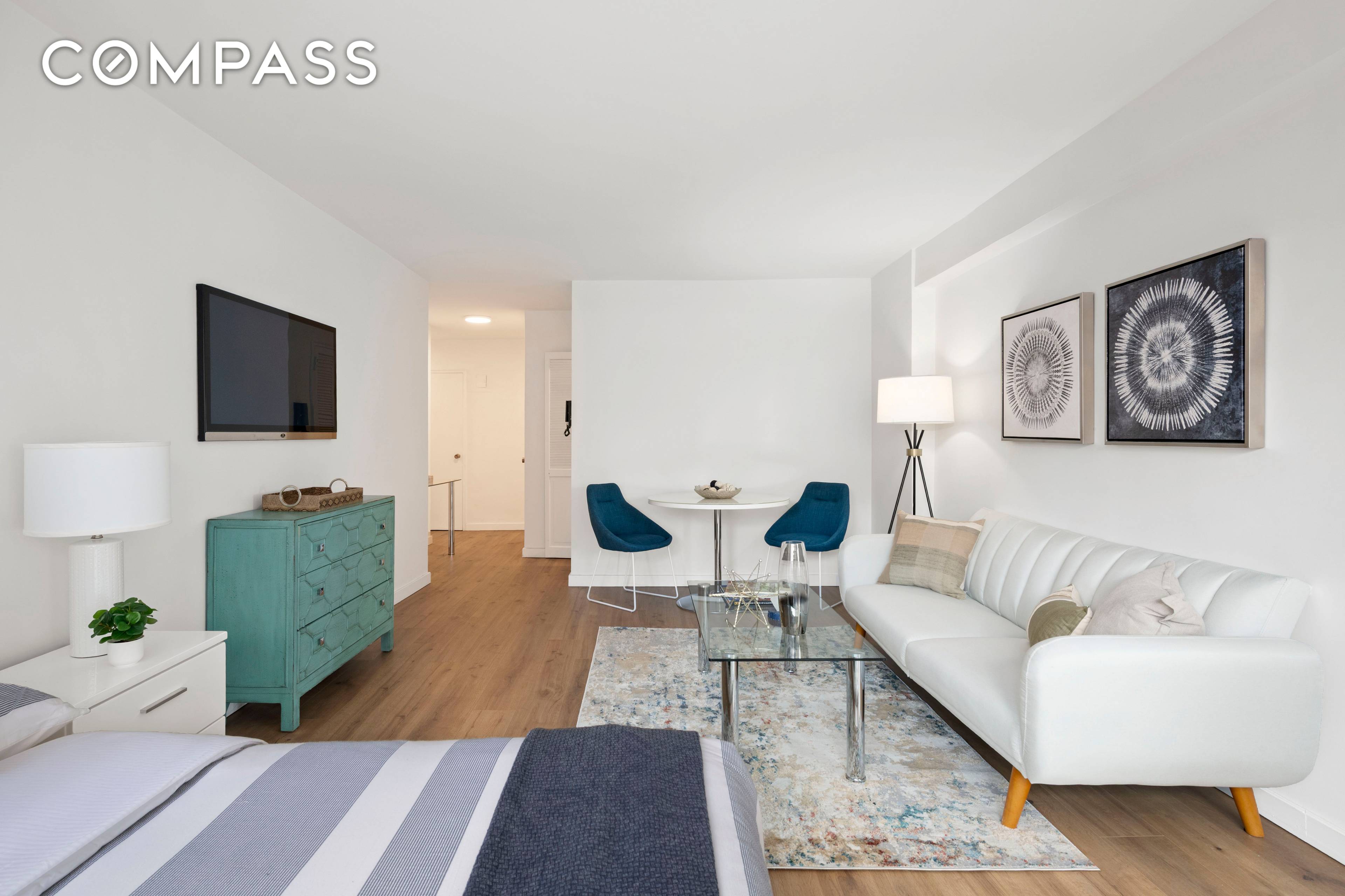 This bright, south facing studio offers a well designed layout that naturally separates the living and sleeping areas, creating a comfortable and versatile home.