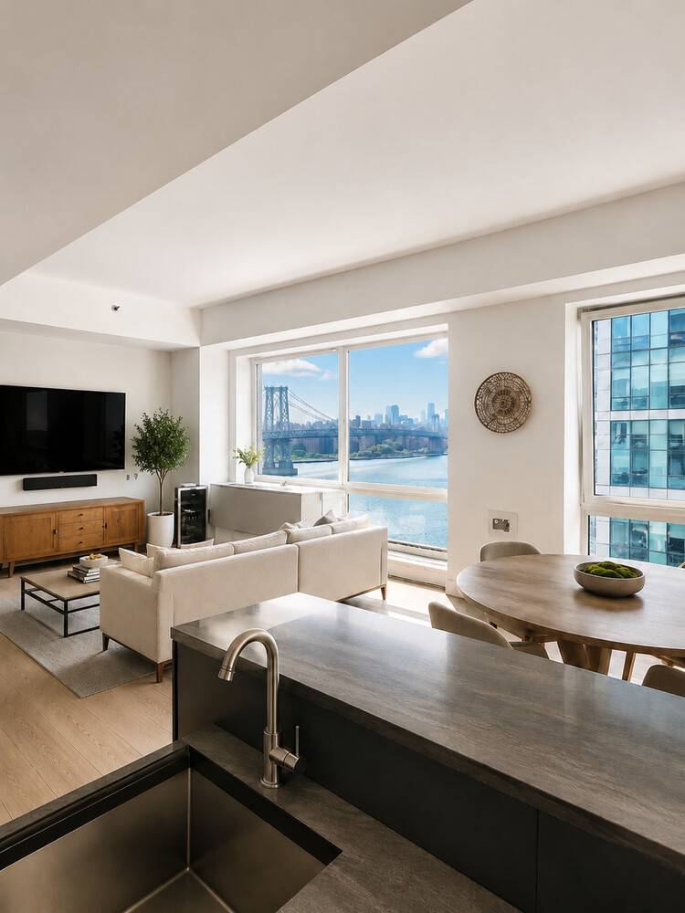 Positioned along the Williamsburg waterfront, this 1, 175 square foot two bedroom, two bathroom residence captures panoramic views of the East River, the Williamsburg Bridge, and the Manhattan skyline through ...