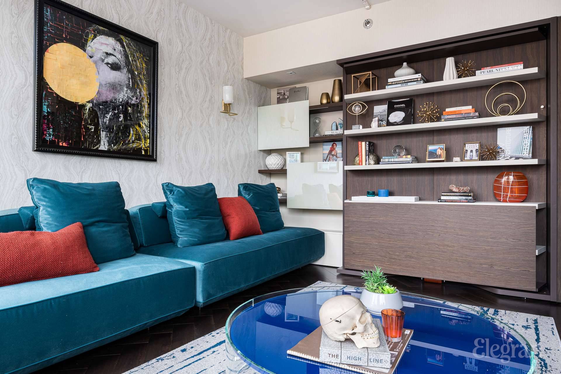 This alcove studio lives like a designer suite in a five star hotel sleek, luminous, and unapologetically chic.