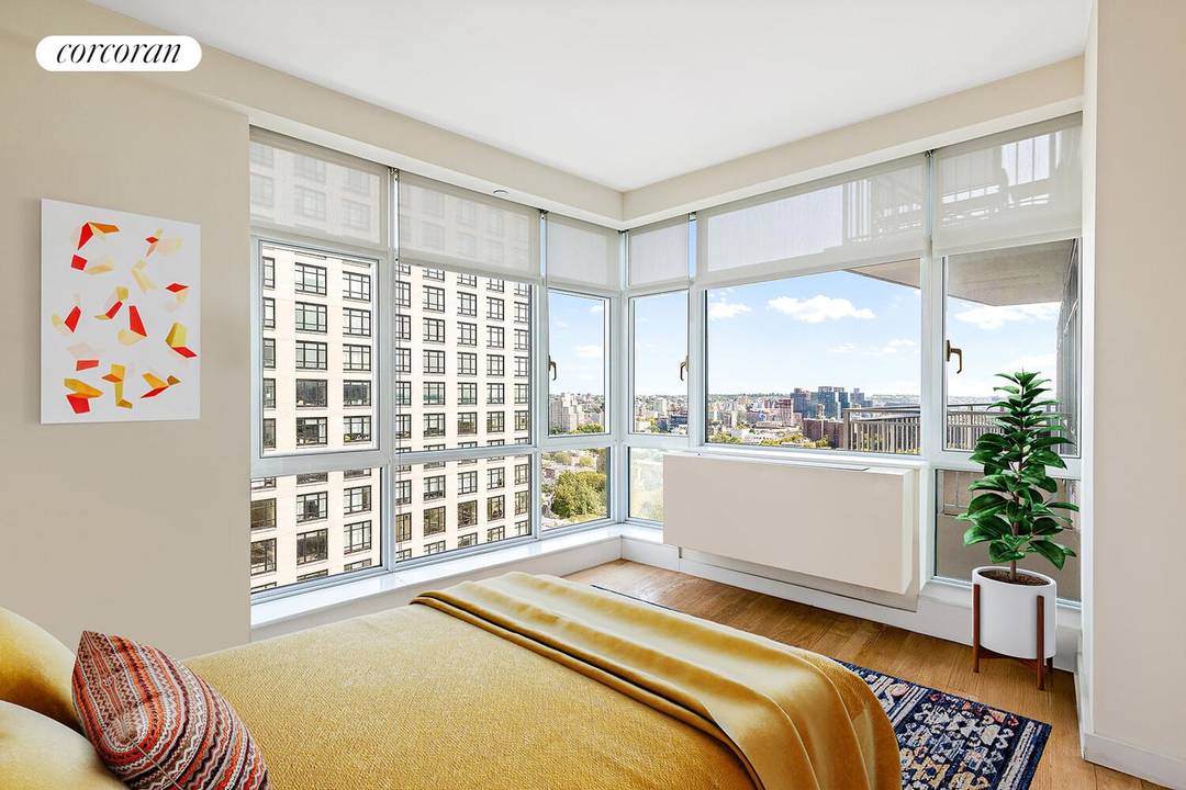 Perched high above the vibrant streets of Downtown Brooklyn, The Syndicate Team presents this luminous two bedroom, two bath residence ; a modern sanctuary where sleek design meets urban convenience.