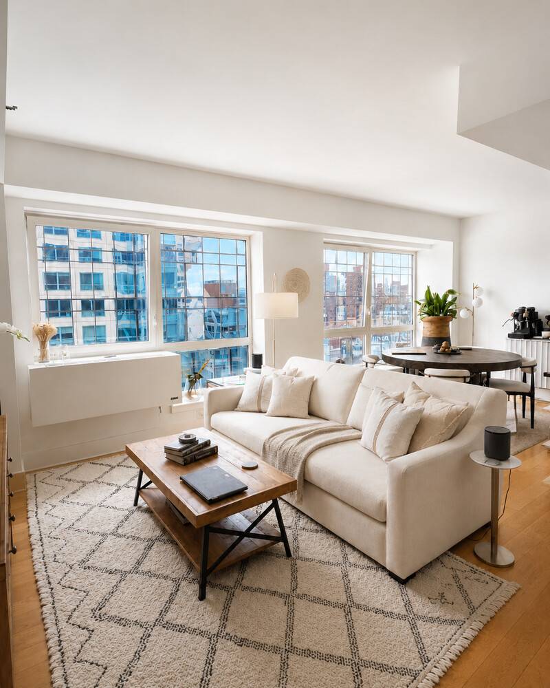 Positioned along the Williamsburg waterfront, this 1, 175 square foot two bedroom, two bathroom residence captures panoramic views of the East River, the Williamsburg Bridge, and the Manhattan skyline through ...