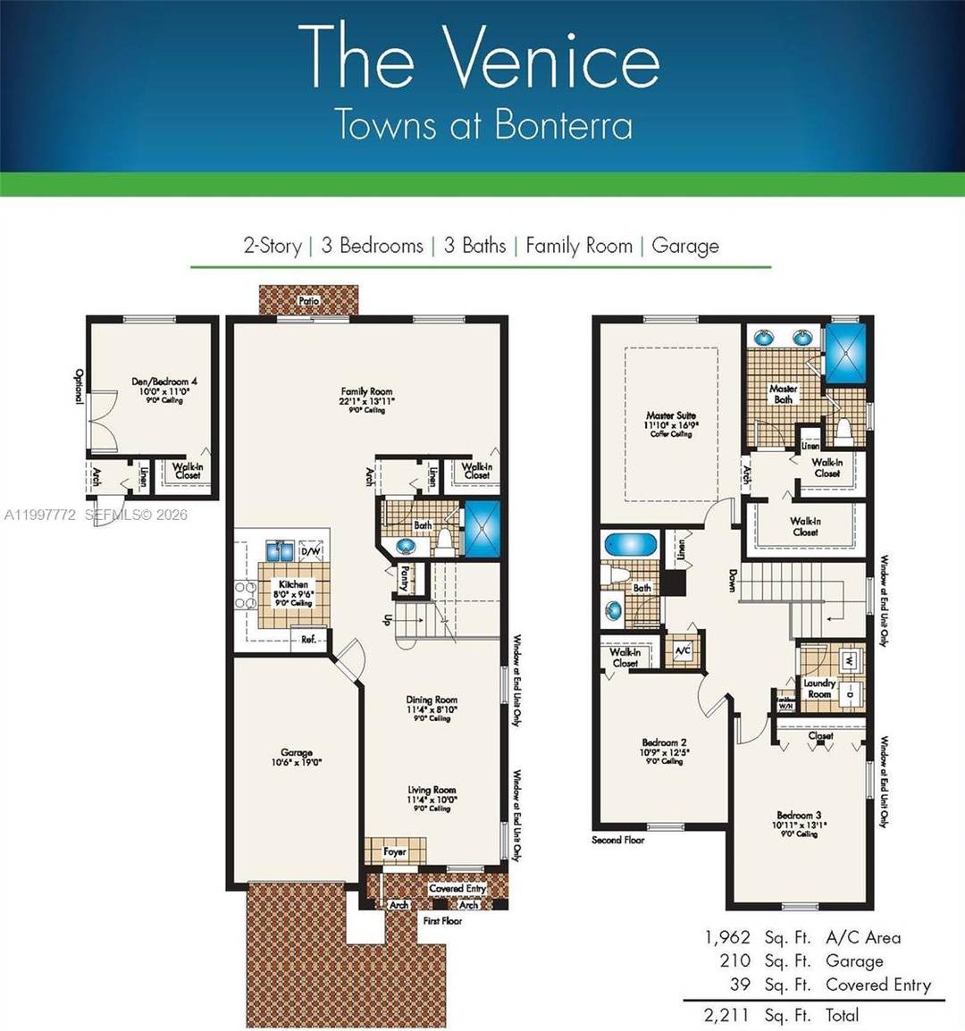 Waterfront and one of the largest floor plans in Bonterra, 3 full bath home with 1 car garage totaling 1962 sq.