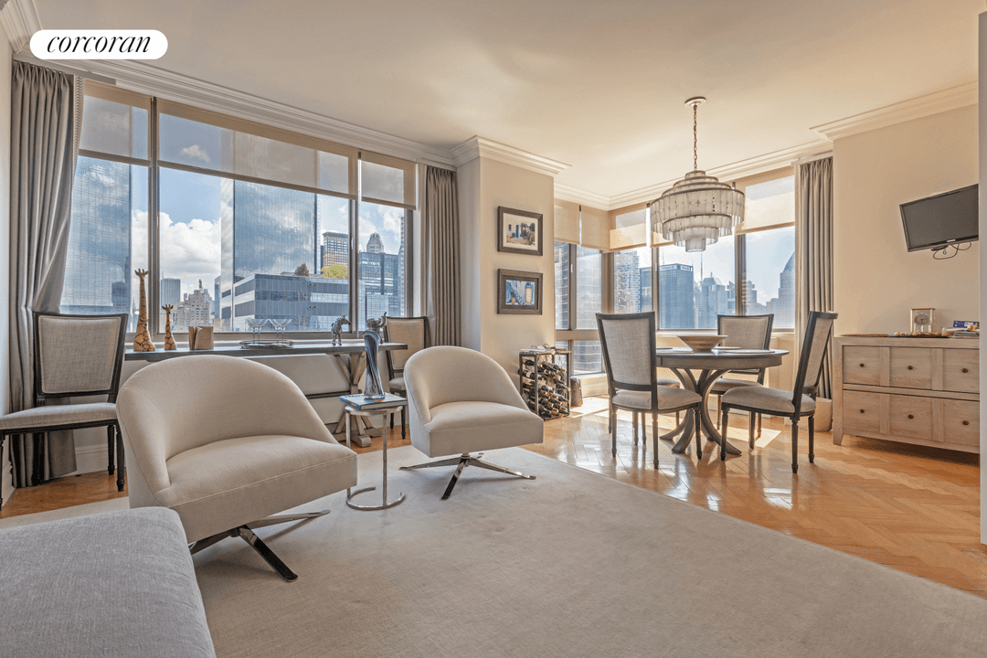 This stunning high floor corner home in a full service white glove Upper West Side condo enjoys flooding light, plus beautiful views of Central Park, Downtown and the Hudson from ...