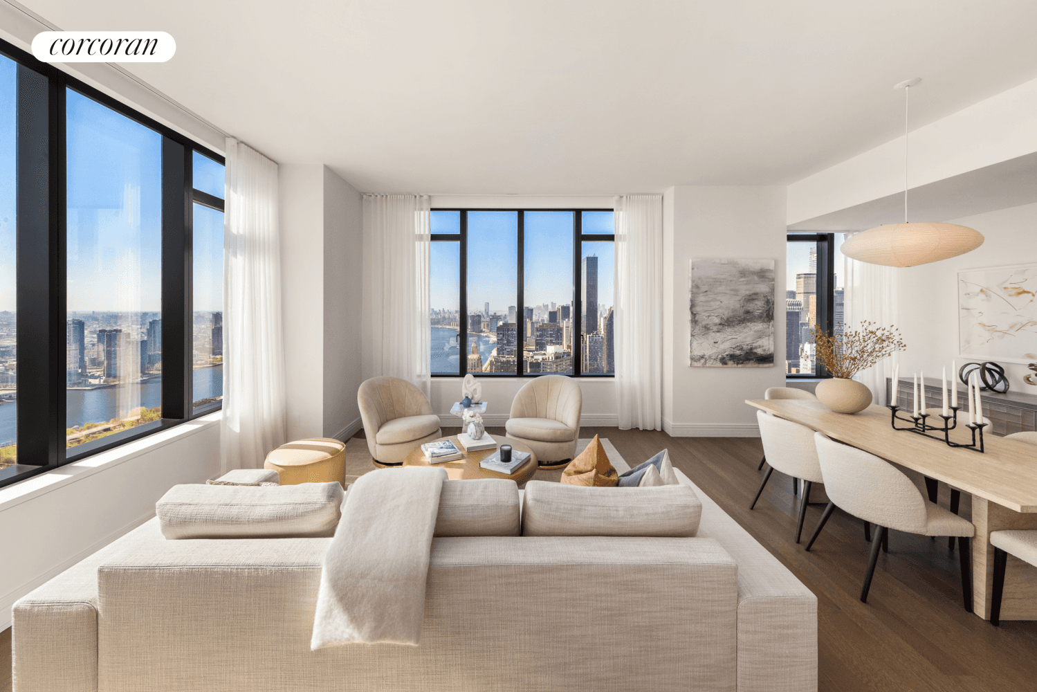 Available for immediate occupancy, Residence 56A at Sutton Tower offers expansive living and views of the east river and Manhattan's most iconic landmarks.