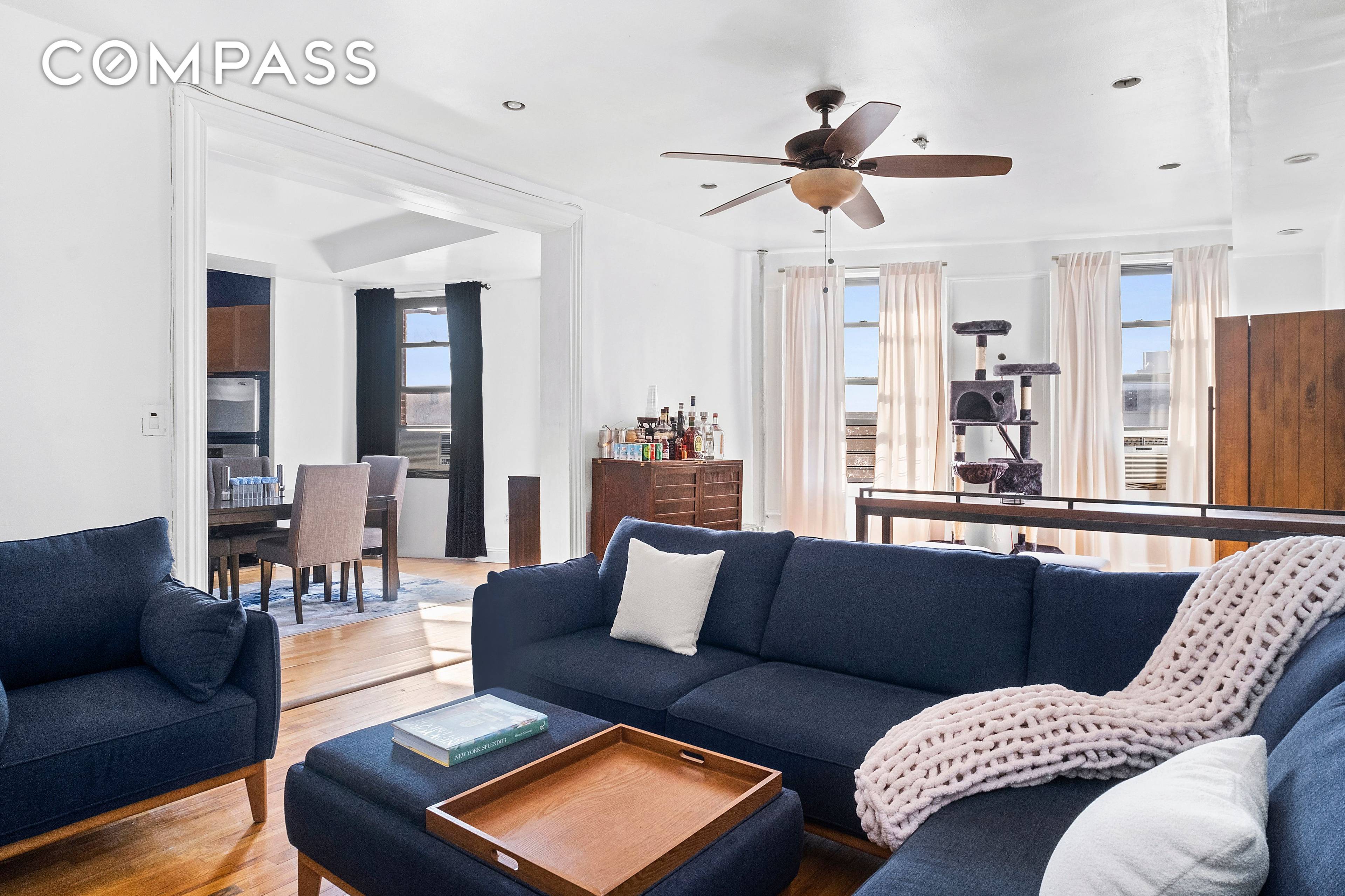 Large two bedroom apartment with northern exposure boasts, high ceilings, hardwood floors, a windowed eat in kitchen and french doors.