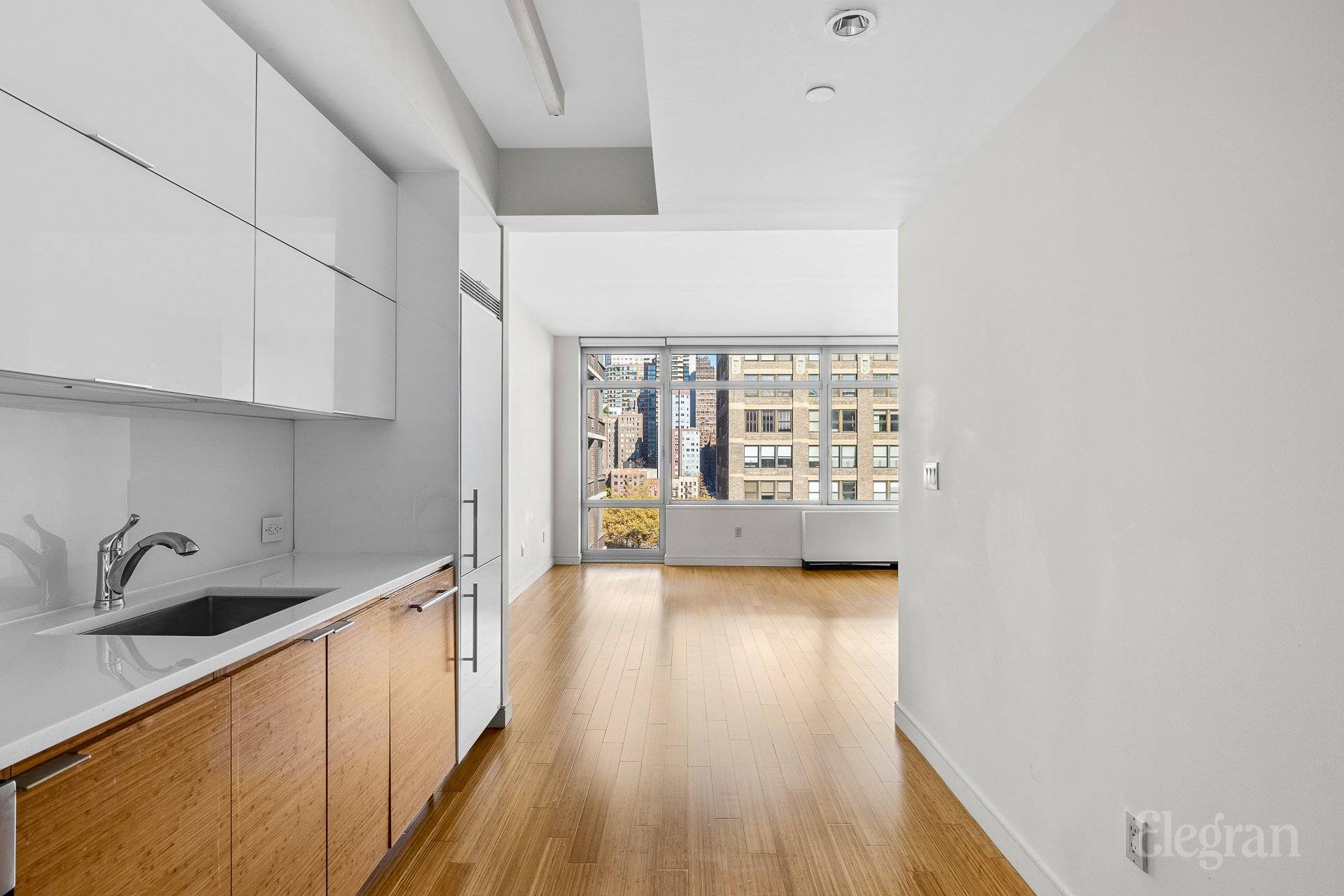 Windows with a View ! You can have it all in this sleek modern oversized alcove studio with open city views offers crisp light all throughout the day.