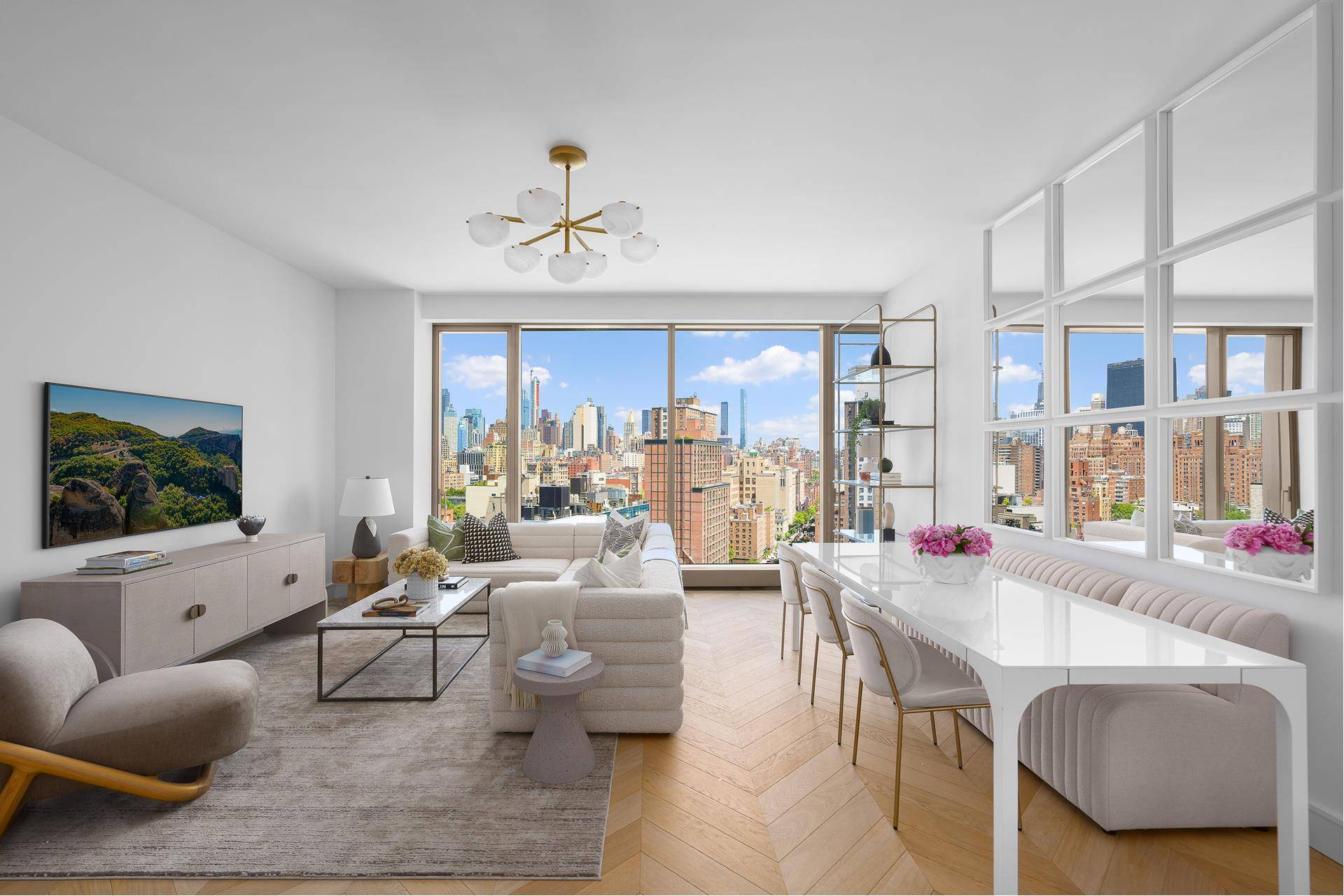 Residence East 15E is a luminous 1, 512 square foot two bedroom, two and a half bathroom home offering sweeping eastern skyline views through walls of floor to ceiling glass.
