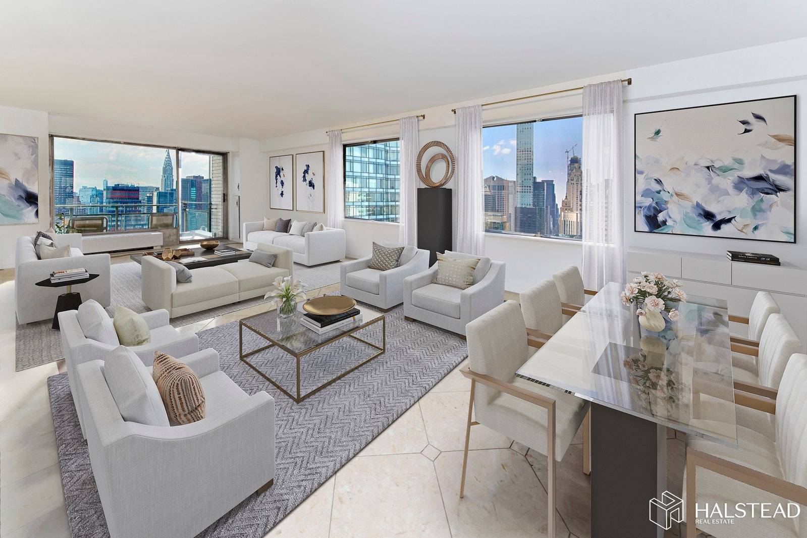 Perched on a high floor, this corner apartment of about 1800 square feet, has 4 exposures and a private balcony overlooking the City and the East River.